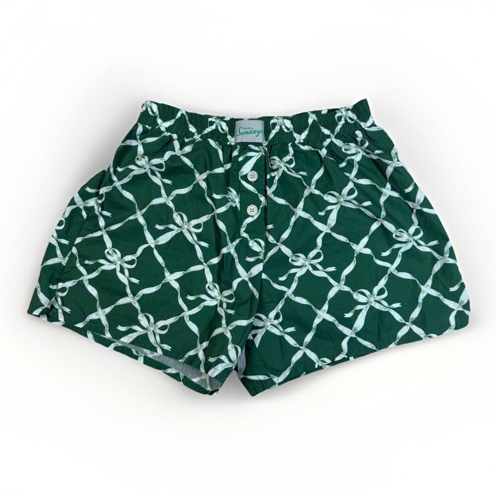 In My Sundays Boxer Shorts Green Bows Ribbons Cotton Lounge Sleepwear Size M